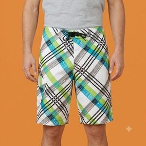 Maui and Sons Boardshorts Mens 30 Plaid Surf Swim Trunks Neon Accents